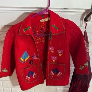 Vintage 1940’s kids Lopez colorful red embroidered wool handmade in Mexico coat